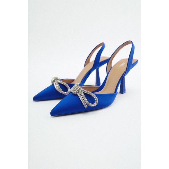NWT Zara Embellished Bow Heeled Slingback in Blue - Picture 1 of 8